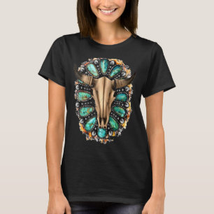Camiseta Boho Occidental Skull Cowgirl Gemstone Turquosie