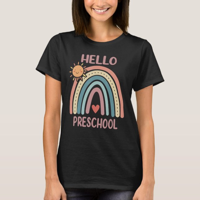 Camiseta Boho Rainbow Heart For Teachers Women Hello Presch (Anverso)