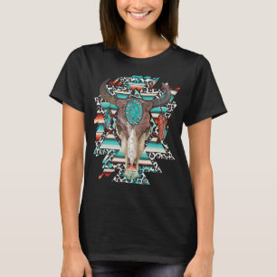 Camiseta Boho Serape Turquoise Aztec Cow Bull Skull Occiden