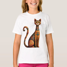 Camiseta Boho Tribal Cat Cute Folk Art with Flowers