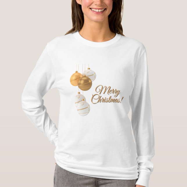 Camiseta Bolas de Navidad de Oro y Blanco con Texto Persona (Anverso)