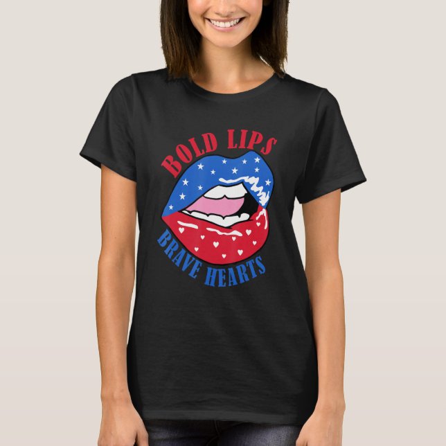Camiseta Bold Lips Brave Heart US American Flag Patriotic L (Anverso)