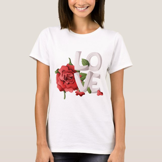 Camiseta Bold Love Typography with Romantic Red Rose Leaves (Anverso)