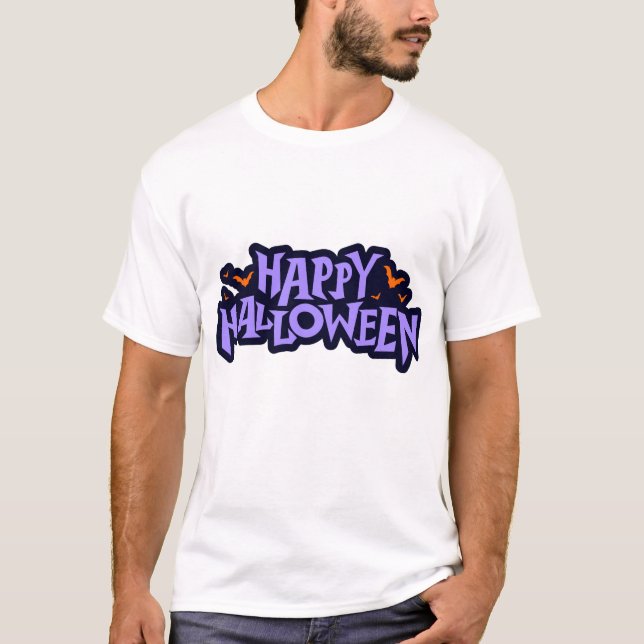 Camiseta Bold Purple & Orange Happy Halloween Bats Graphic (Anverso)