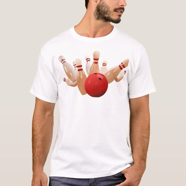Camiseta Bolera de diez bolos Strike. (Anverso)