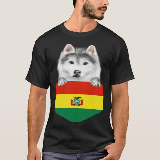 Camiseta Bolivia Flag Siberian Husky Dog In Pocket (Anverso)
