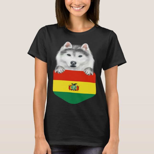 Camiseta Bolivia Flag Siberian Husky Dog In Pocket (Anverso)