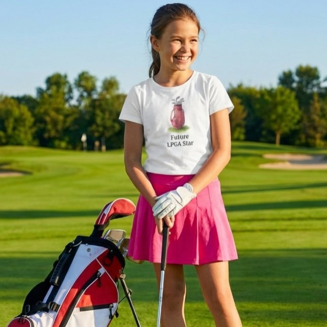 Camiseta Bolsa de Golf Rosa Junior Niña  (Junior girl golf shirt.  Watercolor illustrated golf bag and "Future  LPGA star" slogan )