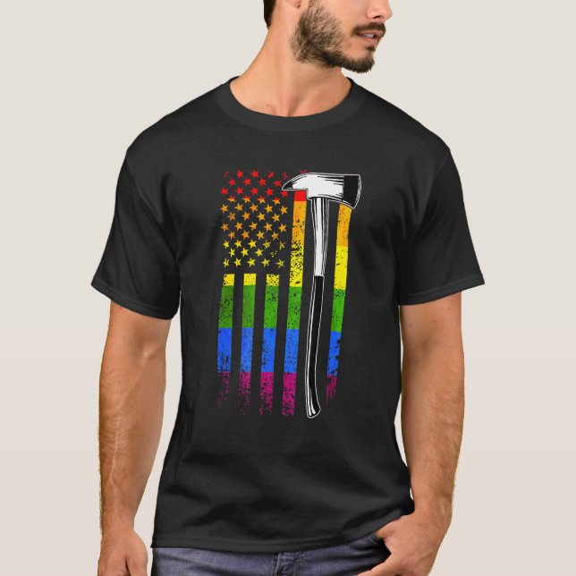 Camiseta Bombero Bandera Estadounidense Lgbt Q Bandera del  (Anverso)