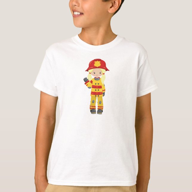 Camiseta Bombero chica, bombera, pelo rubio (Anverso)