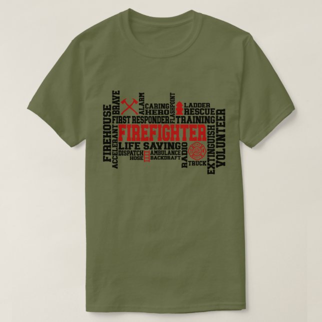 Camiseta Bombero Word Cloud resalta el heroísmo (Diseño del anverso)