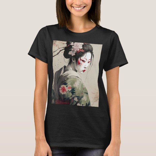 Camiseta Bonita Geisha Sakura japonesa oscura florece Kim (Anverso)