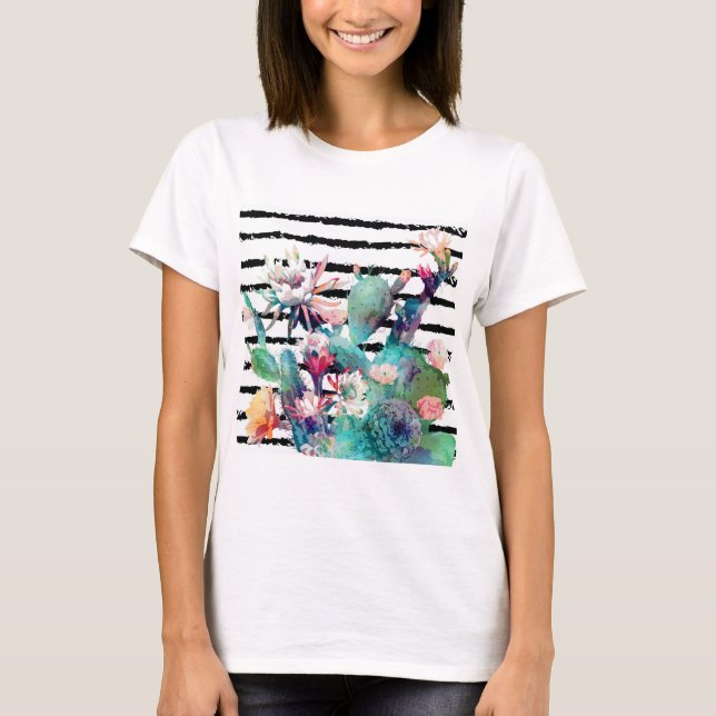 Camiseta Bonito acuarela Cactus Bandas Negras Florales (Anverso)