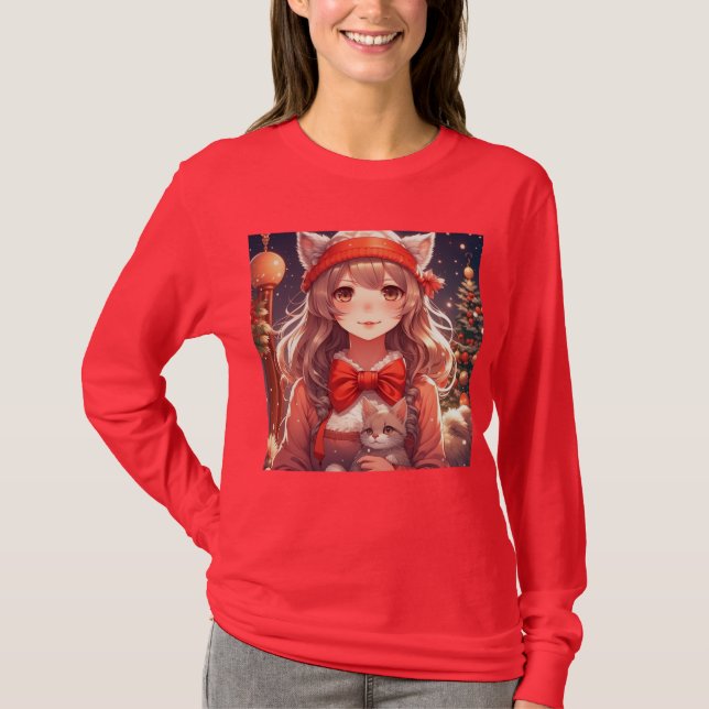 Camiseta Bonito Anime Chica Holding Navidades gatitos (Anverso)