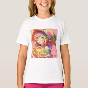 Camiseta Bonito Anime Chica llevando una pizza