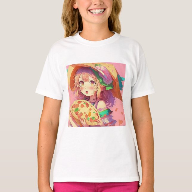 Camiseta Bonito Anime Chica llevando una pizza (Anverso)