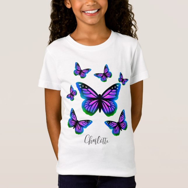 Camiseta Bonito diversión morado rosa mariposas azules (Anverso)