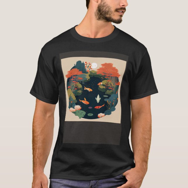 Camiseta Bonito estanque en otoño sobre el bosque con Koi (Anverso)