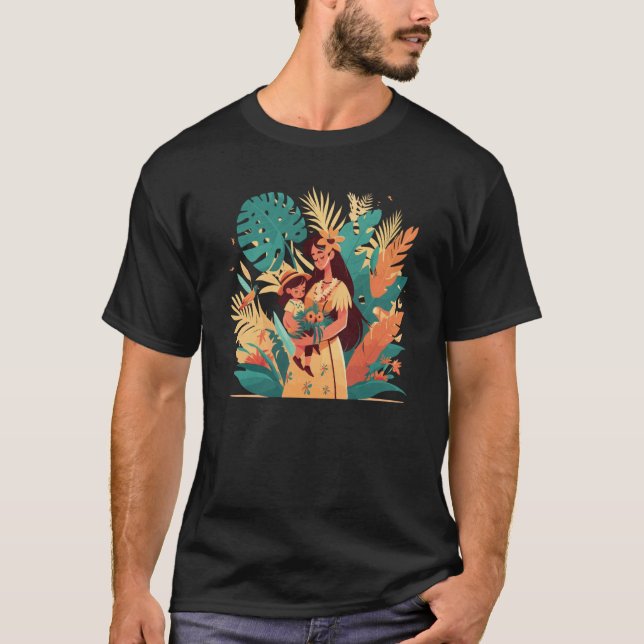 Camiseta Bonito Ilustracion Tropical De Una Madre Con Su Da (Anverso)