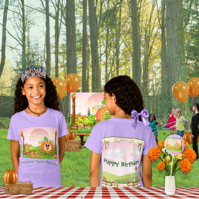 Camiseta Bonito Purple Pumpkin Parche Princesa Chica B día (Cute lavender birthday shirt with your uploaded photo in the front, and personalization on the back)