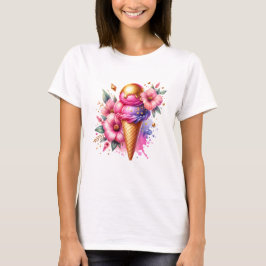 Camiseta Bonito rosa y dorado Crema de hielo Cono Floral