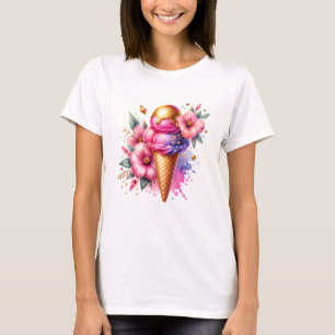 Camiseta Bonito rosa y dorado Crema de hielo Cono Floral