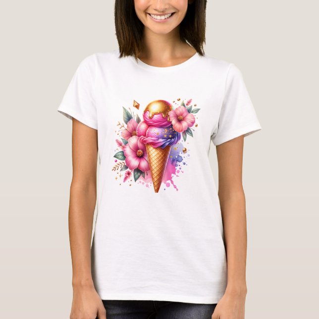 Camiseta Bonito rosa y dorado Crema de hielo Cono Floral (Anverso)