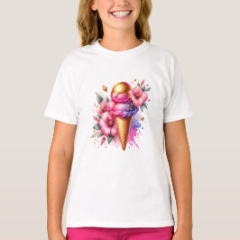 Camiseta Bonito rosa y dorado Crema de hielo Cono Floral