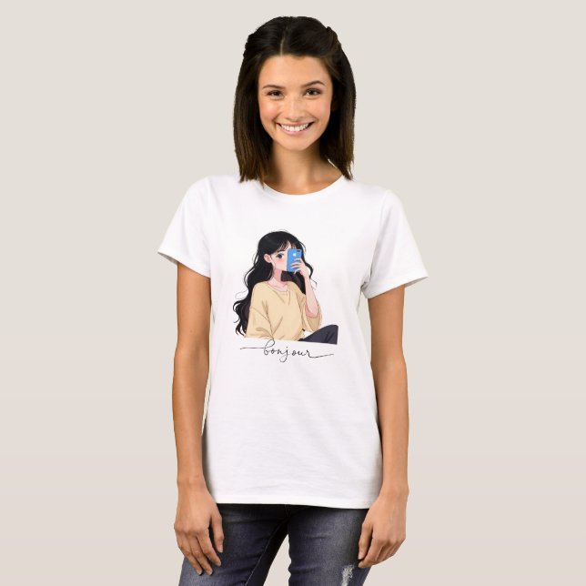 Camiseta Bonjour Aesthetic Girl Selfie Illustration (Anverso completo)