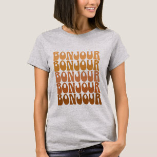 Camiseta Bonjour   Hola Francés en Tipografía Marrón Groovy