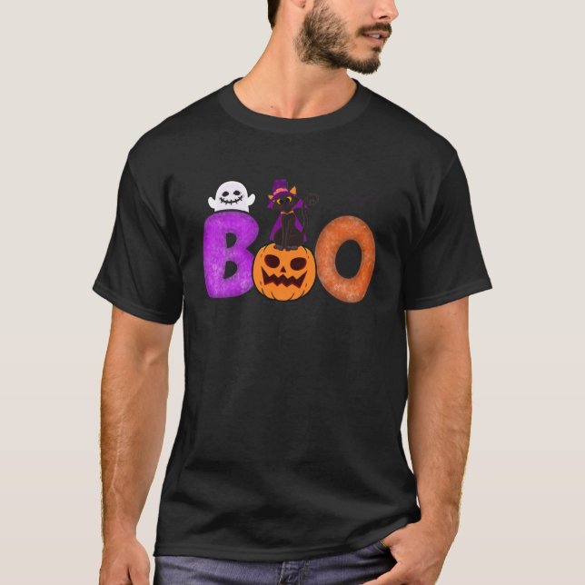 Camiseta Boo Cat Pumpkin Halloween Ghost Costume Leopard (Anverso)