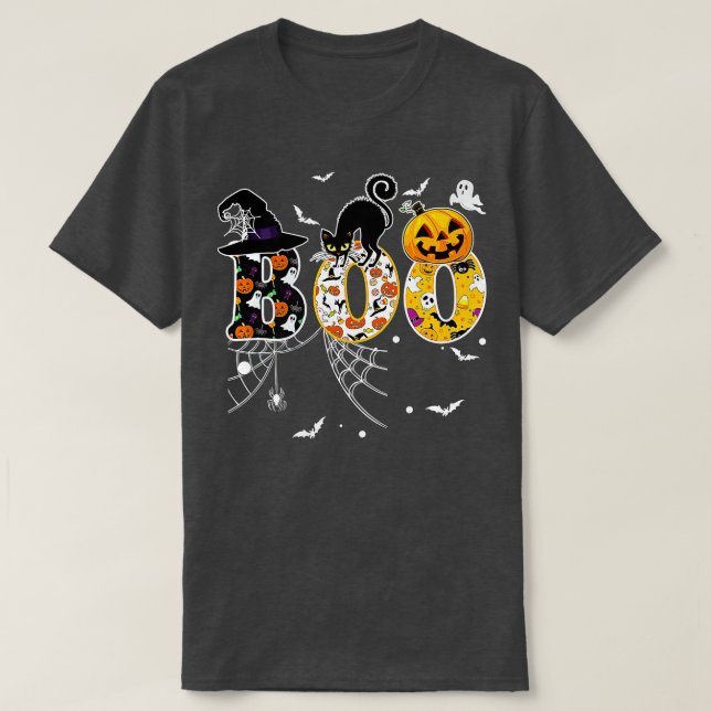 Camiseta Boo Con Arañas Y Gorra De Brujas Halloween - 1 (Diseño del anverso)