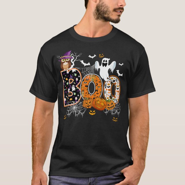 Camiseta Boo Creepy Owl Witch Pumpkin Ghost Halloween Men W (Anverso)