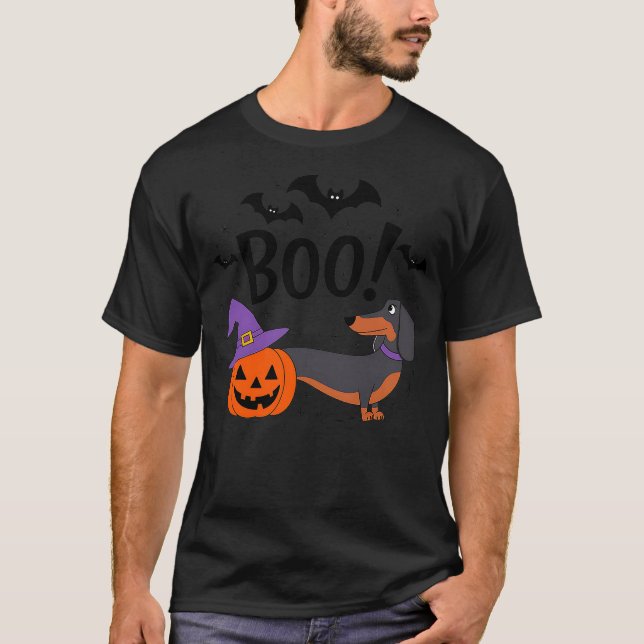 Camiseta Boo! Dachshund Dog Spooky Pumpkin Witch Hat Fun Ha (Anverso)