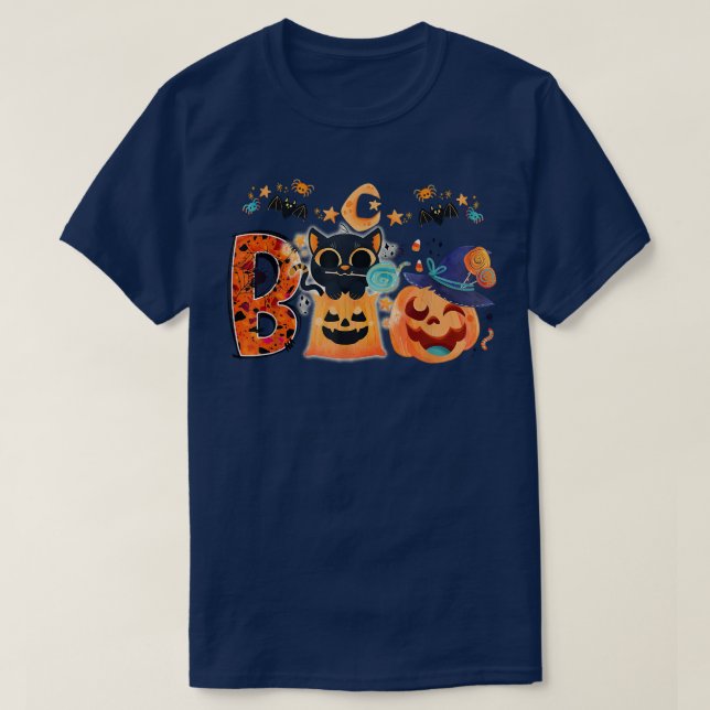 Camiseta Boo Gato Negro Halloween Calabaza Gorras Gatitos (Diseño del anverso)