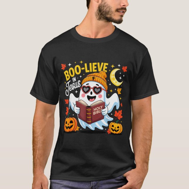 Camiseta Boo-lieve In Jesus Ghost Christian Halloween Funny (Anverso)