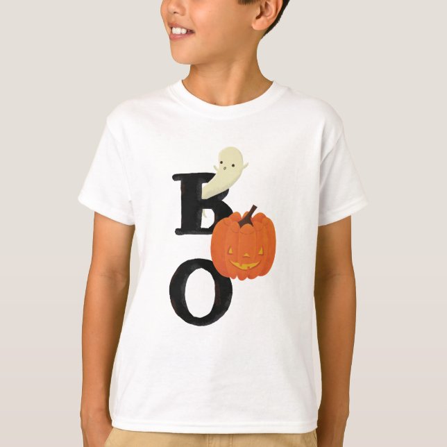 Camiseta BOO lindo, ilustrado con fantasma y calabaza (Anverso)