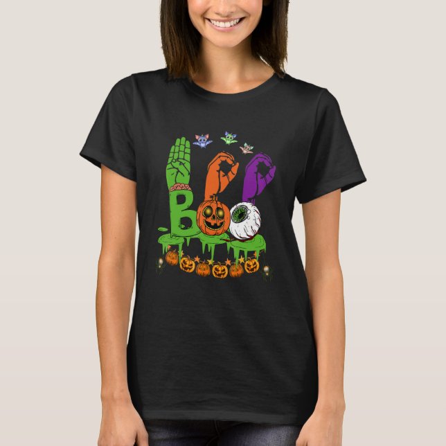 Camiseta Boo Manos Rótulo Americano Orgullo Asl Halloween (Anverso)