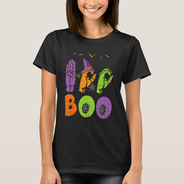 Camiseta Boo Manos Rótulo Americano Orgullo ASL Halloween (Anverso)