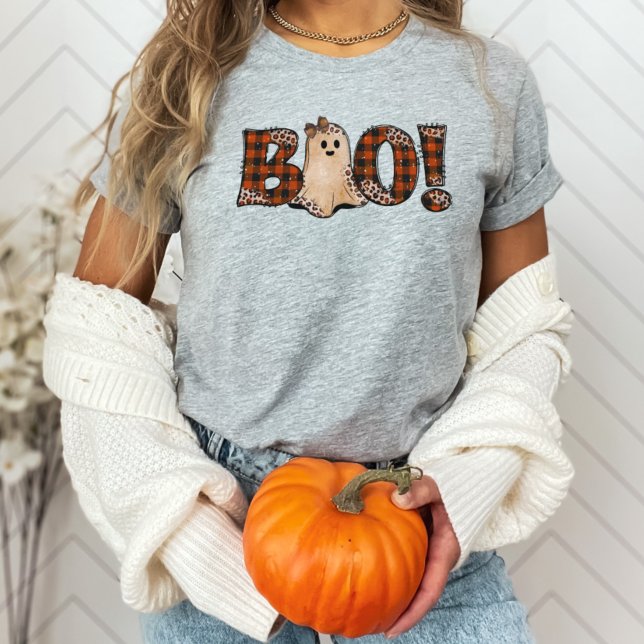 Camiseta Boo Naranja Plaid Halloween (Cute leopard print BOO Halloween shirt)