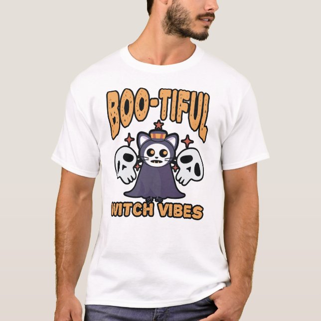 Camiseta Boo-tiful Witch Vibes – Cute Spooky Cat Halloween (Anverso)