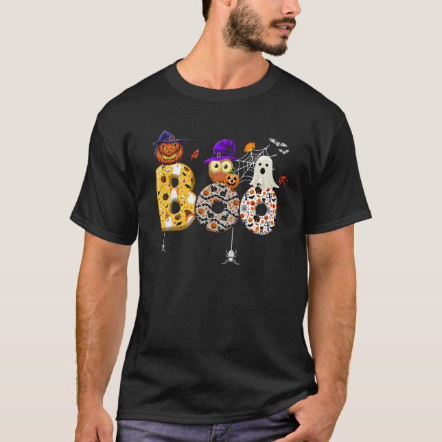Camiseta Boo With Spiders And Pumpkin Witch Hat Cute Ghost  (Anverso)