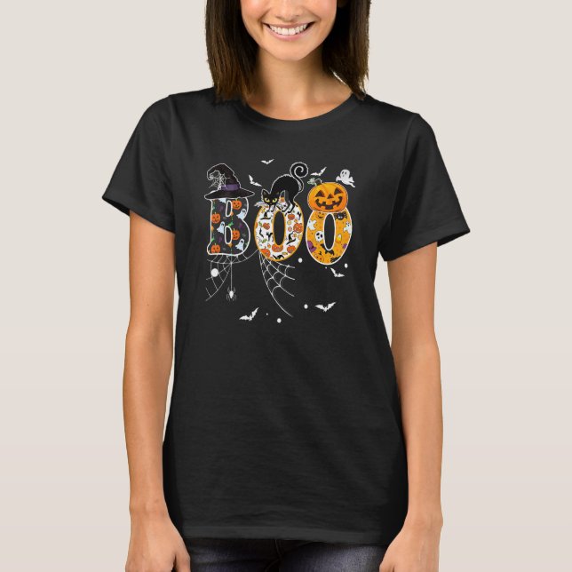 Camiseta Boo With Spiders And Witch Hat Black Cat Pumpkin H (Anverso)