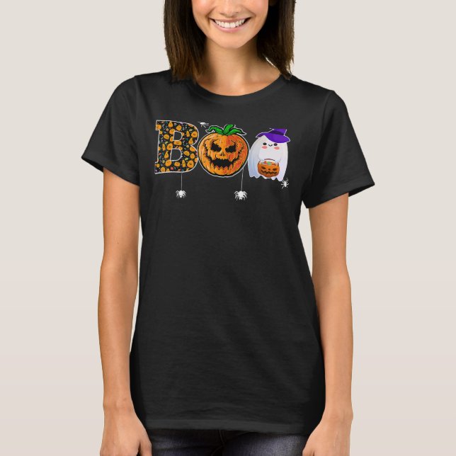 Camiseta Boo With Spiders Ghost Pumpkin And Witch Hat Hallo (Anverso)