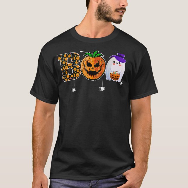 Camiseta Boo With Spiders Ghost Pumpkin And Witch Hat Hallo (Anverso)