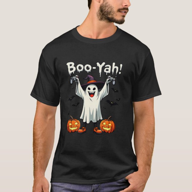 Camiseta Boo Yah Spooky Gamer Ghost con Controller Hallowee (Anverso)