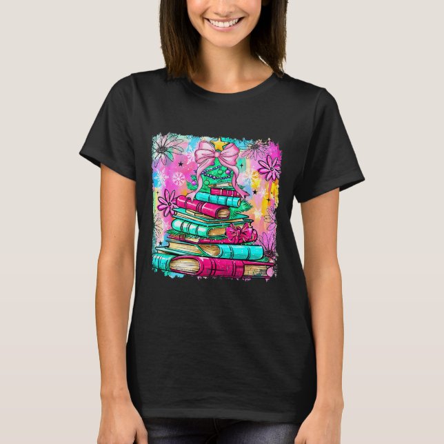 Camiseta Book Christmas Tree Lights Teacher Librarian Book  (Anverso)