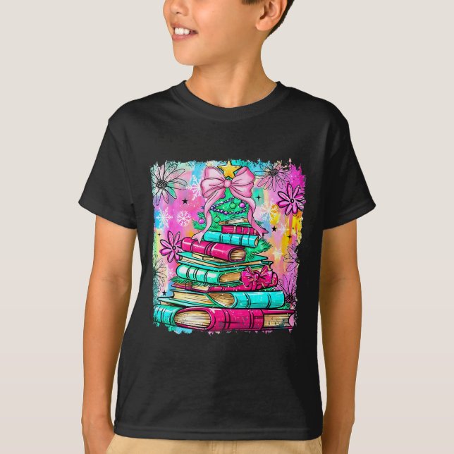 Camiseta Book Christmas Tree Lights Teacher Librarian Book  (Anverso)