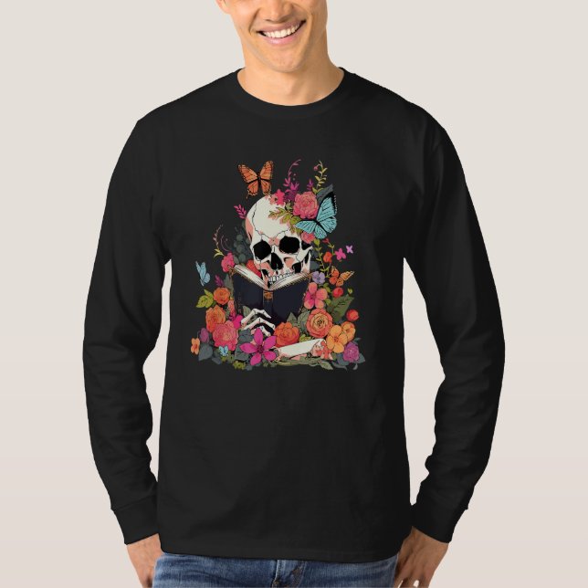 Camiseta Book Reading Skull Skeleton Flowers Floral Bookish (Anverso)