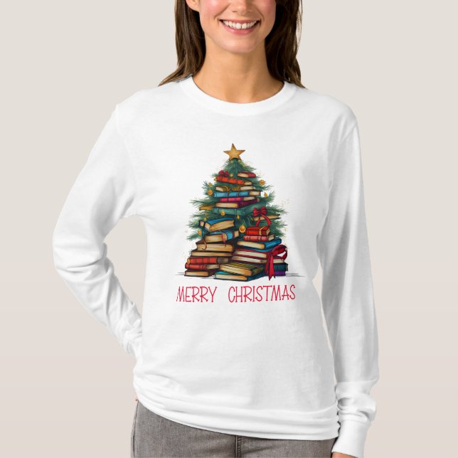 Camiseta Books Tree Merry Christmas Long Sleeve (Anverso)